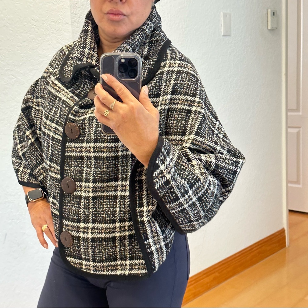 Stylish Plaid Poncho with Coconut Buttons.